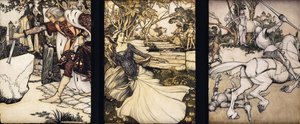 Kuvitukset Morte d"Arthurille: Sir Galahad vetää Balinin miekan kelluvasta kivestä; La Cole Male Taile surmaa leijonan, joka vaaransi kuningatar Gueneveren; ja Beaumains kukistaa vihreän ritarin, 1902 tekijältä Arthur Rackham