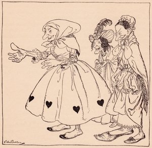 Mukaan tuli kolme upeimmalla tavalla pukeutunutta naista. Arthur Rackhamin kuvitus Grimmin sadusta, Kolme pyörivää naista. tekijältä Arthur Rackham
