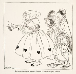 Mukaan tulivat kolme omituisimpaan pukeutunutta naista julkaisusta Little Brother & Little Sister and Other Tales by the Brothers Grimm, pub.1917 (litho) tekijältä Arthur Rackham