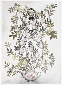 Puun keskellä istui ystävällisen näköinen nainen. Suuri kasvi, joka kasvaa teekannusta. Vanha nainen oksien keskellä. Värillinen kuvitus sanalle "Elder-tree äiti". tekijältä Arthur Rackham