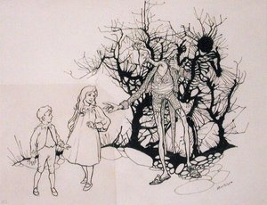 "Se oli eräänlainen luuranko", kuvitus teoksesta "The Zankiwank and the Bletherwitch", kirjoittanut S.J. Adair Fitzgerald, julkaistu 1896 (kynä ja muste) tekijältä Arthur Rackham