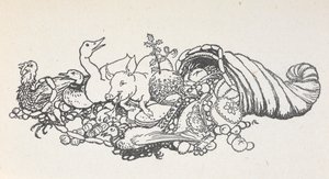 Sarven muotoisesta roiskuvia esineitä joulujuhlasta. Mukana jouluvanukas, makkarat, kalkkuna, sika, ankka, fasaani, piirakka ja hedelmiä. tekijältä Arthur Rackham