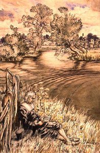 Izaak Walton lepää aitaa vasten, yksi kuvasarjasta Izaak Walton, 
