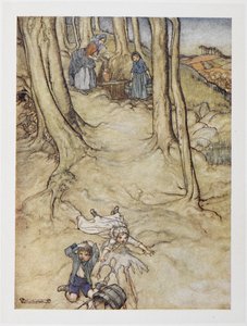 "Jack ja Jill". Kaksi lasta putoaa mäeltä. Jill kaataa vesiastian, kun Jack kolahtaa päätään. tekijältä Arthur Rackham