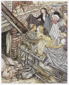 "Juuri kun sikapaimen otti kahdeksankymmentäkuudennen suudelman", Hans Christian Andersenin kuvitus teokselle "Sikapaimen" tekijältä Arthur Rackham