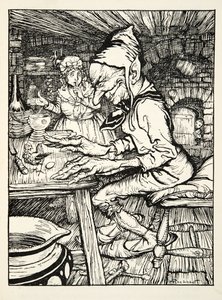 Lay!, karjui jättiläinen ja sitten kana muni heti kultaisen munan, The Arthur Rackham Fairy Book, pubista. 1933 tekijältä Arthur Rackham