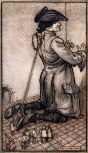 Lilliputilaiset räätälit mittaamassa Gulliveria tehdäkseen hänelle uutta pukua, Arthur Rackhamin (1867-1939) kuvitus Jonathan Swiftin (Dublin) teoksesta Gulliver