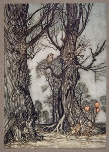 Edessä juoksevat linkkiläiset kantaen talvikirsikoita, Peter Panin Kensington Gardensista kirjoittanut J M Barrie (1860 - 1937), pubi. 1906 tekijältä Arthur Rackham