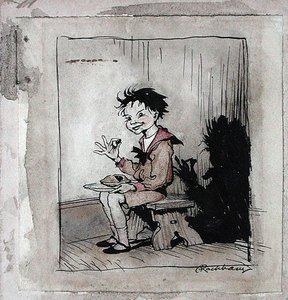 Little Jack Horner, kuvitus teoksesta "Mother Goose, The Old Nursery Rhymes", julkaistu 1913 (kynä ja muste ja akvarelli paperille) tekijältä Arthur Rackham