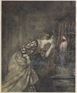 May Colvin ja papukaija häkissä. tekijältä Arthur Rackham
