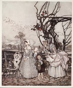 Äiti ja lapset palaavat omenoiden keräämisestä, Washington Irvingin Rip Van Winkle -pubista. 1910 tekijältä Arthur Rackham