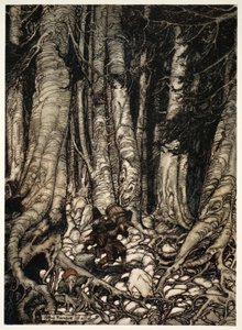 He kiipesivät toisiaan helpottaen kapeaa rotkoa ylös.", Washington Irvingin Rip Van Winkle, kustantamo. 1910 tekijältä Arthur Rackham