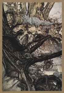 Älä koskaan vahingoita, älä loitsu tai viehätä, tule rakas rouvamme lähelle. Kohtaus Kesäyön unelmasta. tekijältä Arthur Rackham