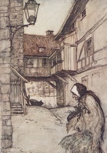 Olipa kerran köyhä vanha nainen, joka asui kylässä, Grimmin veljesten saduista, pub. 1909 tekijältä Arthur Rackham