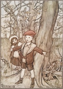Eräänä päivänä keiju kuuli ne Peter Panista Kensington Gardensissa, kirjoittanut J M Barrie (1860 - 1937), pubi. 1906 tekijältä Arthur Rackham