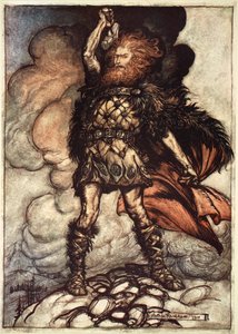 "Yksi jumalista, Donner, kutsuu sumun pois", 1910. tekijältä Arthur Rackham