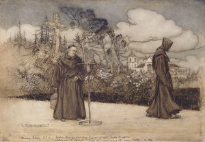 Padre Alonzo katseli häntä poissa silmistä, kuvitus Eleanor Gatesin Good Night -kirjasta, 1907 (kynä ja muste & wc paperilla) tekijältä Arthur Rackham
