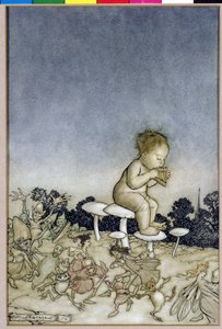 Peter Pan on Fairies Orchestra, kuvitus Peter Panista Kensington Gardensissa, kirjoittanut J.M. Barrie, 1806 (kynä ja muste & wc paperilla) tekijältä Arthur Rackham