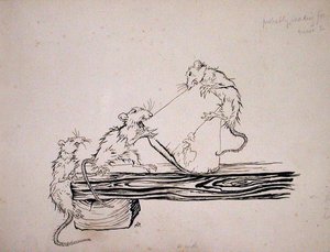 "Rotat!...söivät juustot sammioista!", kuvitus teoksesta "The Pied Piper of Hamelin", Robert Browningin versio, julkaistu 1934 (kynä ja muste paperille) tekijältä Arthur Rackham