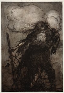 Rip herää. Vaikka hän, en ole varmasti nukkunut täällä koko yötä? Tuo lippu! Tuo ilkeä lippa! Minkä tekosyyn voin esittää Dame Van Winklelle? Kirjailija: Rip Van Winkle Washington Irving, pub. 1910 tekijältä Arthur Rackham