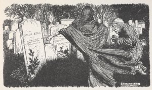 Scrooge ja aave hautausmaalla yöllä. tekijältä Arthur Rackham
