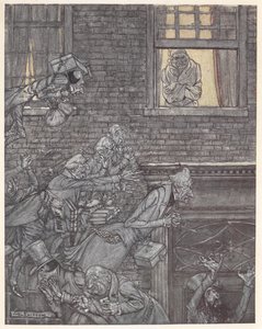 Scrooge hänen ikkunassaan katsomassa aaveita alla olevalla kadulla tekijältä Arthur Rackham