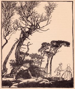 Hän hiipi heidän perässään salaa, kuten noidat hiipivät. Arthur Rackhamin kuvitus Grimmin sadusta Pikkuveli ja pikkusisko. tekijältä Arthur Rackham