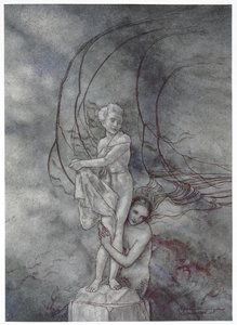 "Hän kietoi kätensä marmorihahmon ympärille, joka oli niin kuin prinssi." Kuvitus tarinalle "pieni merenneito". tekijältä Arthur Rackham