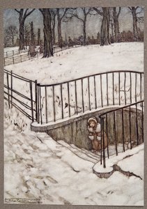 Hän juoksi St Goversiin hyvin ja piiloutui .. Peter Panilta Kensington Gardensissa, kirjoittanut J M Barrie (1860 - 1937), pubi. 1906 tekijältä Arthur Rackham