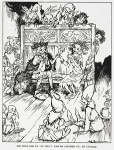 "Hän otti häntä ranteesta, ja hän nauroi, kunnes napsahti." Haltianeitoja ja peikkoja. Kuvitus "haltiakukkulalle". tekijältä Arthur Rackham
