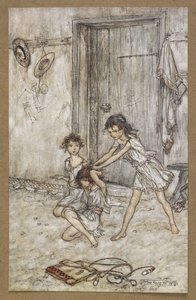 Hän oli viksu, kun hän meni kouluun." Kohtaus Kesäyön unelmasta. tekijältä Arthur Rackham