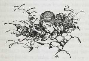 Kutistunut Alice syötyään osan Caterpillarin sienestä tekijältä Arthur Rackham