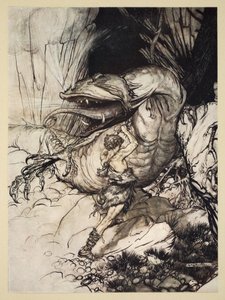 Siegfried tappaa Fafnerin, kuvitus teoksesta 