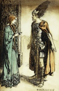 Siegfried tapaa Gutrunen: The Twilight of the Gods, 1911 tekijältä Arthur Rackham