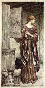 "Sieglinde valmistelee Hundingin luonnosta yöksi", 1910. tekijältä Arthur Rackham