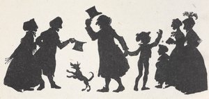 Silhueta de um menino e um homem cumprimentando as pessoas no caminho da igreja para casa tekijältä Arthur Rackham