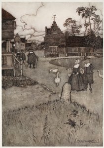 Jotkut alkuperäisten uudisasukkaiden taloista. Rip Van Winkle, Washington Irving, pubi. 1910 tekijältä Arthur Rackham