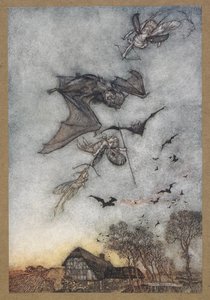 Jotain sotaa verehiirien kanssa niiden nahkaisten siipien vuoksi. Kohtaus Kesäyön unelmasta. tekijältä Arthur Rackham