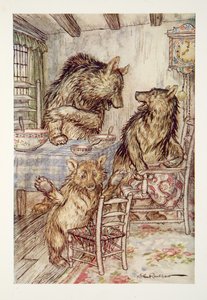 Joku on istunut tuolillani ja istunut siitä pohjasta! sanoi Little, Small, Wee Bear, The Arthur Rackham Fairy Book, pub. 1933 tekijältä Arthur Rackham