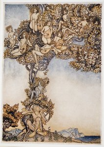 Joskus tuhannet soittimet hyräilevät korvissani, kuvitus William Shakespearesin Myrsky -teoksesta, pub. 1926 tekijältä Arthur Rackham
