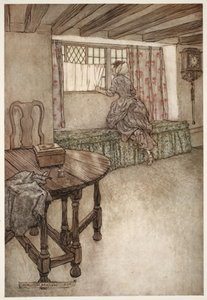 Ovien päällä oli outoja nimiä - oudot kasvot ikkunoissa - kaikki oli outoa. Washington Irvingin pubista Rip Van Winkle. 1910 tekijältä Arthur Rackham
