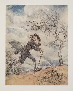 Kulkee pitkin mäen profiilia tuulisena päivänä... Washington Irvingin (1783 - 1859) pubista The Legend of Sleepy Hollow. 1928 tekijältä Arthur Rackham