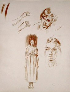 Tutkimuksia naisesta, kasvoista ja käsistä (sangviini paperilla) tekijältä Arthur Rackham