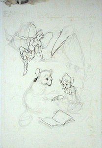 Tutkimus Emma Williams Burlinghamin kirjakilvestä (kynä, muste ja akvarelli paperille) tekijältä Arthur Rackham
