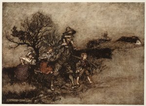 Ympäröimässä joukko lapsia., Rip Van Winkle, Washington Irving, pubi. 1910 tekijältä Arthur Rackham