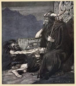"Vanno minulle, Hagen, poikani!", kuvitus teoksesta "Siegfried and the Twilight of the Gods", 1924 tekijältä Arthur Rackham
