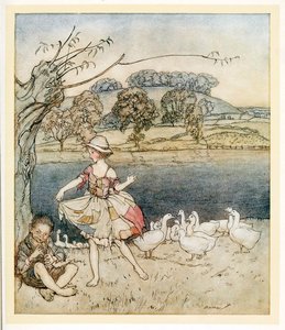 Tattercoats tanssii hanhipaimenen piippujen aikana, pubista English Fairy Tales. 1922. tekijältä Arthur Rackham