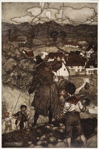 Opetti heitä lentämään leijoja. Rip Van Winkle, Washington Irving, pubi. 1910 tekijältä Arthur Rackham