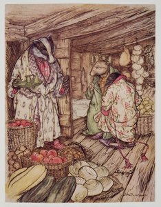 Mäyräkoirien talvisäilöt, jotka tosiaan näkyivät kaikkialla, veivät puolet huoneesta, Kenneth Grahamen (1859 - 1932) teoksesta Wind in the Willows, pub. 1940 tekijältä Arthur Rackham