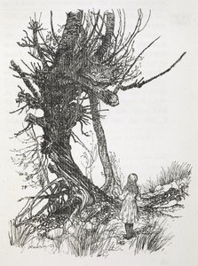 Cheshiren kissa puussa katsomassa Alicea tekijältä Arthur Rackham